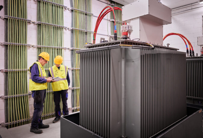 Zwei Techniker mit gelben Schutzhelmen und Warnwesten überprüfen ein Lastenheft in einem Raum mit umfangreicher elektrotechnischer Ausstattung für Holzindustrie. Im Vordergrund steht ein großer Transformator mit dicken roten und grünen Kabeln, die in Kopfstationen verlaufen. Die Installation zeigt die Integration eines Blockheizkraftwerks (BHKW) in das bestehende Mittelspannungsnetz zur Einspeisung in das öffentliche Mittelspannungsnetz. Im Hintergrund sind geordnete Glasfaser Leitungen Industrie an der Wand befestigt, die eine industrielle Energieverteilung und Elektrotechnik in Industriehallen gewährleisten. Die Szene repräsentiert Elektrotechnik im Sägewerk IBV Vielsalm mit Fokus auf industrielle Photovoltaikanlage und moderne Energieversorgung.