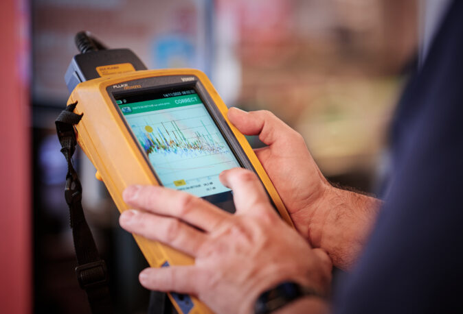 Nahaufnahme eines Technikers, der mit einem Fluke Netzwerktester die Kommunikationsnetze im Einzelhandel überprüft, Teil der Elektroinstallationen im Carrefour Supermarkt Belgien. Das Gerät zeigt eine korrekte Messung an, was für die Schaltanlagen und Niederspannungsanlage sowie den Einbruchschutz für Supermärkte und die Not- und Sicherheitsbeleuchtung im Einzelhandel wichtig ist. Im Hintergrund sind unscharfe Metallelemente eines Geschäfts zu erkennen.