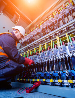Ein Elektriker führt Elektro Arbeiten an einer großen Schalttafel in einem Schaltschrank durch. Er trägt Schutzkleidung mit Helm und reflektierender Weste und prüft Verkabelungssysteme in einer Mittel- und Hochspannungsanlage. Die Installation ist typisch für den Industrie Bereich und kann auch Glasfaserarbeiten und Anwendungen im Bereich Erneuerbare Energien umfassen.